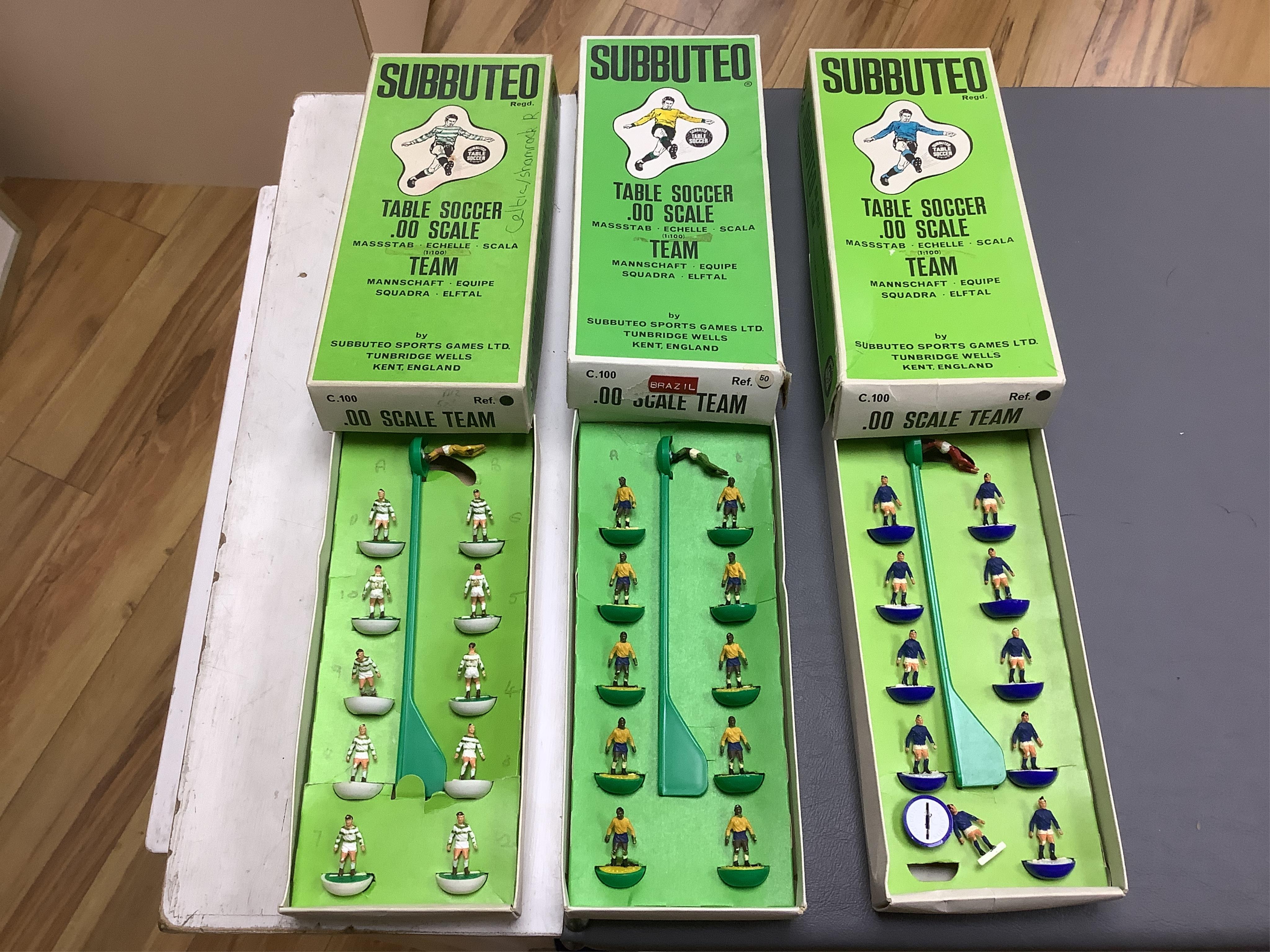 Nine 1970s boxed Subbuteo football teams, including; Germany, Brazil and Holland, reference numbers; 10, 13, 28, 29, 41, 42, 50, etc. Condition - fair to good, all complete, with some wear/damage to boxes.
